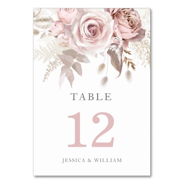 Divine Rose Gold Blush Floral Wedding Table Number (Front)