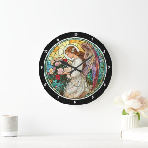 Divine Rose Radiance Stained Glass Angel Wall  Large Clock