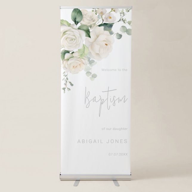 Divine White Roses & Sage Baptism Welcome Retractable Banner (Front)