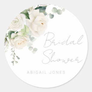 Divine White Roses & Sage Bridal Shower Classic Round Sticker