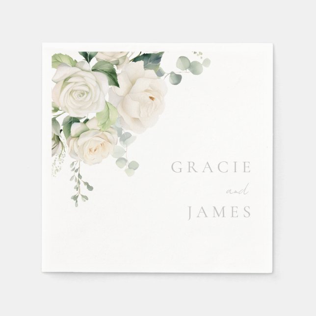 Divine White Roses & Sage Wedding Napkin (Front)