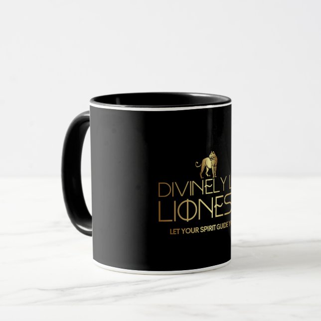 Divinely Lit Lioness Mug - Black & Gold  (Front Left)