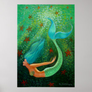 Diving Blue Hair Mermaid fantasy art Poster