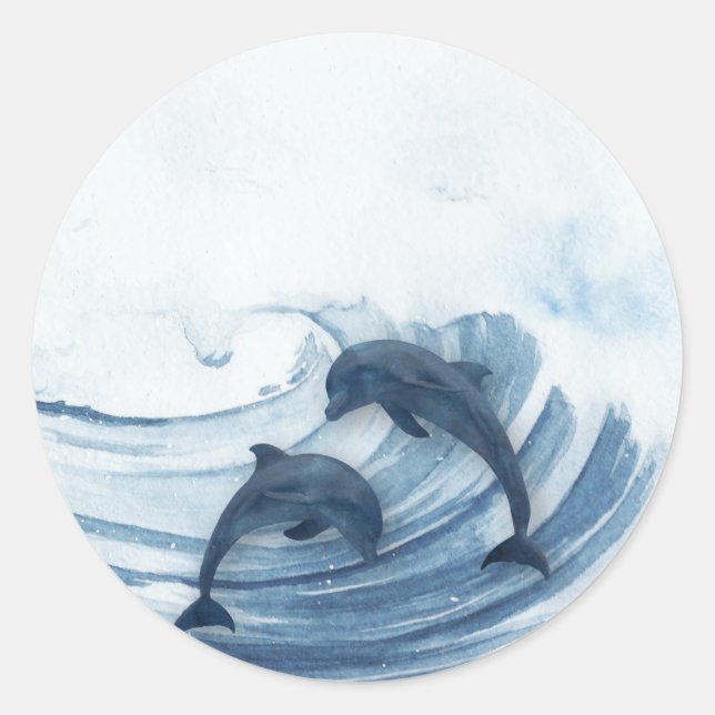 Diving dolphins in the surf classic round sticker (Front)