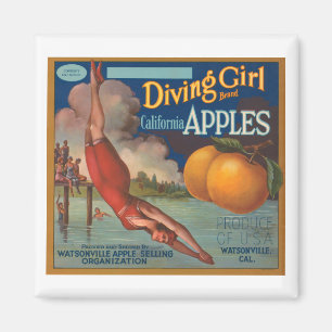 Diving Girl Brand California Apples Fruit Crate La Magnet