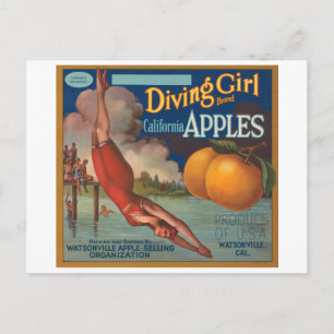 Diving Girl Brand California Apples Fruit Crate La Postcard