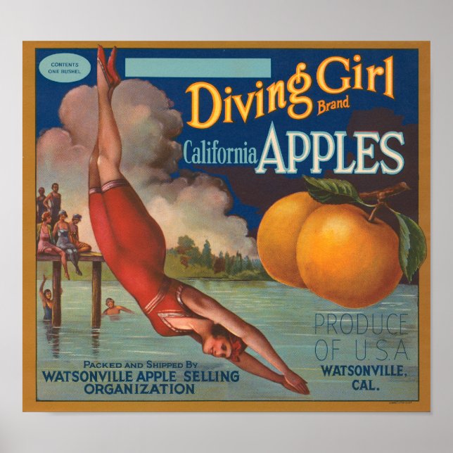 Diving Girl Brand California Apples Fruit Crate La Poster (Front)