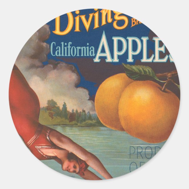 Diving Girl California Apples Classic Round Sticker (Front)