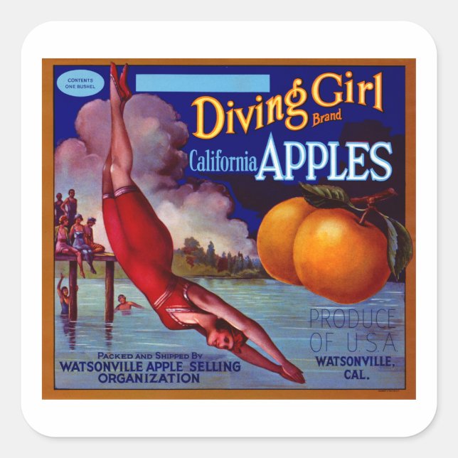 Diving Girl California Apples Square Sticker (Front)