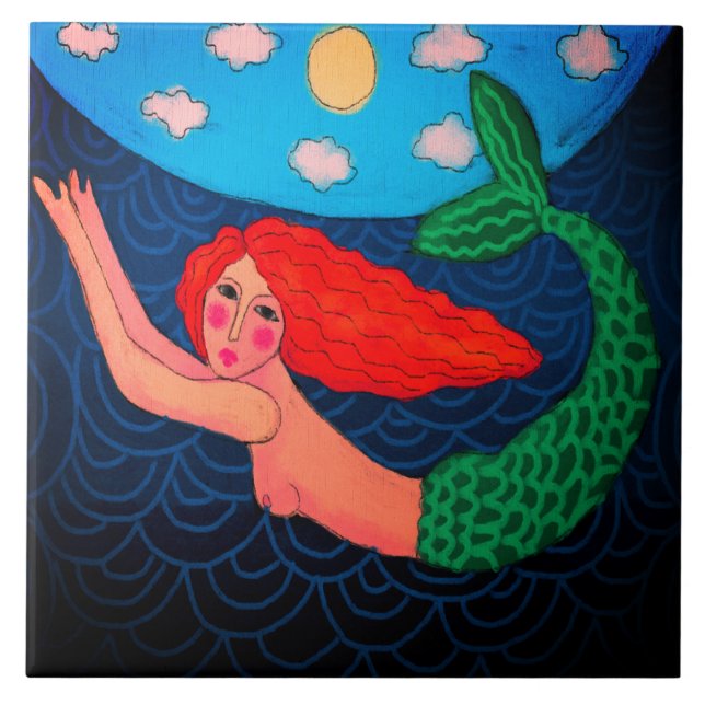 Diving Mermaid Abstract Art Tile (Front)
