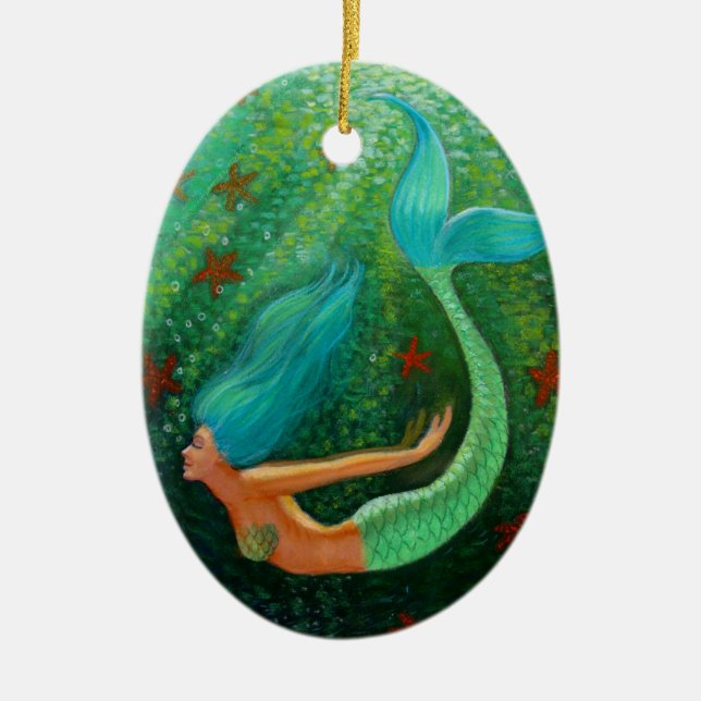 Diving Mermaid Fantasy Art Oval Christmas Ornament (Front)