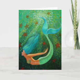 Diving Mermaid green sea fantasy art greeting card