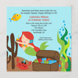 Diving Red Hair Mermaid Girl's Birthday Invitation