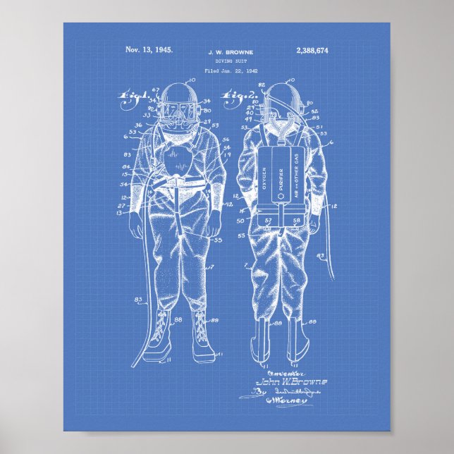 Diving Suit 1945 Patent Art Blueprint Poster (Front)