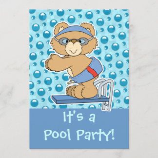 Diving Teddy Bear Pool Party Invite