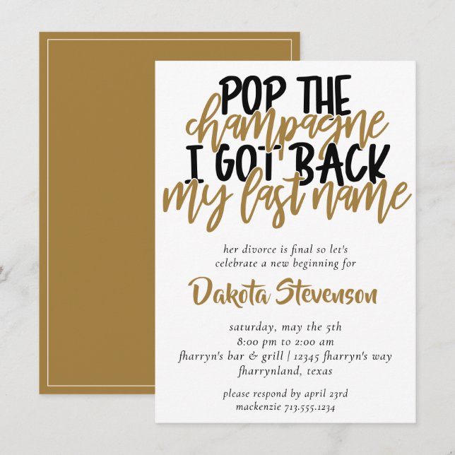 Divorce Party | Black and Gold Pop the Champagne Invitation (Front/Back)