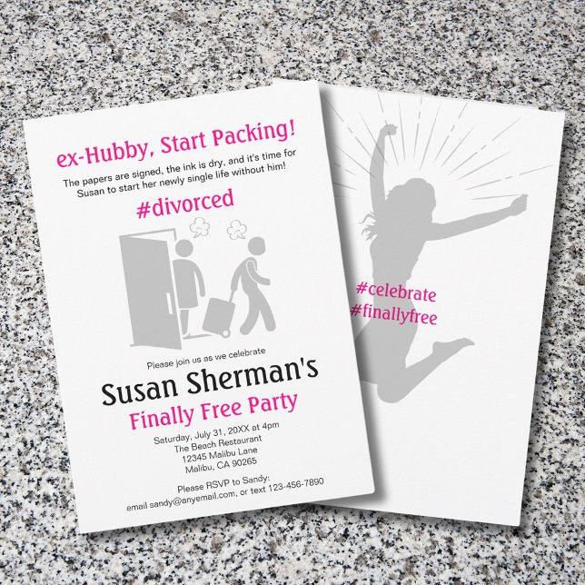 Divorce Party Cute Funny Pink Finally Free Invitation (Divorce party finally free with funny "ex-Hubby, Start Packing!" theme. Matching envelope shown.)