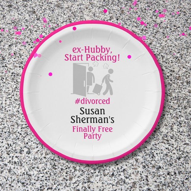 Divorce Party Decor Pink Finally Free Funny Paper Plate (Divorce Party decor with a pink "ex-Hubby, Start Packing!" theme to liven up her finally free party.)