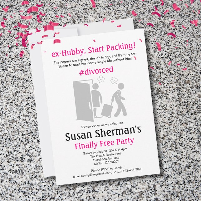 Divorce Party Finally Free Feminine Pink Funny Holiday Card (Throw her a Finally Free ex-Hubby, Start Packing! divorce party to celebrate her new-found freedom.)