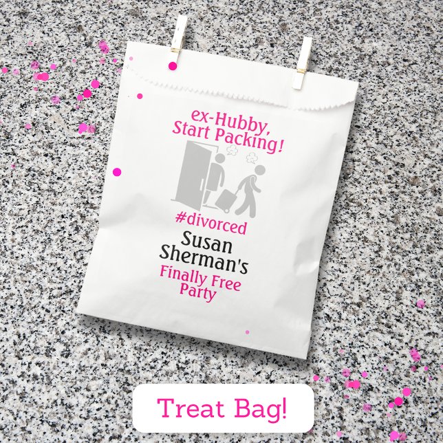 Divorce Party Finally Free Pink Decor Favour Bags (Divorce Party "ex-Hubby, Start Packing!" treat or favor bag to celebrate her divorce in style!)