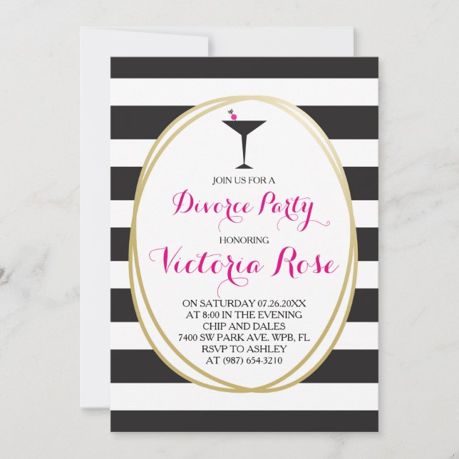 Divorce Party Invitation ~ Hot Pink, Black Stripe (Front)