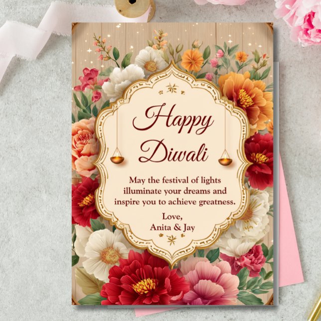 Diwali Beige Floral Ornate Lamp Diyas Greeting Invitation (Creator Uploaded)