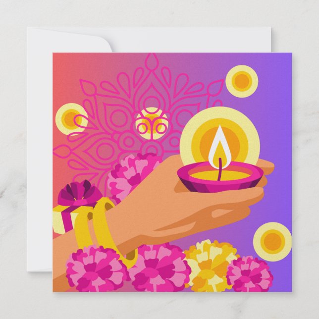 Diwali Card Colourful Pink & Purple Hand & Lantern (Front)