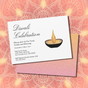Diwali Celebration Pink Gold Glitter Diya Flame In Invitation
