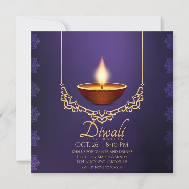 Diwali Deep Purple Diya Gold Trim Invitation (Front)