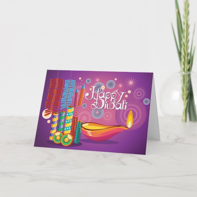 Diwali  Diyas and Firecrackers on Purple Card (Front)
