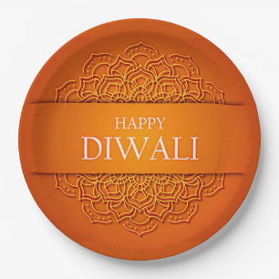 Diwali Elegant Modern Orange Yellow Mandala 9"  Paper Plate