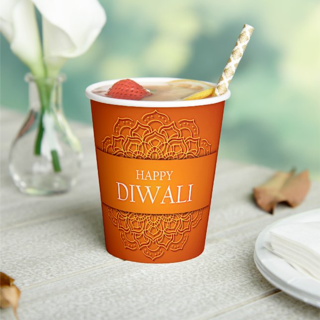 Diwali Elegant Modern Orange Yellow Mandala Paper Cups (Insitu)