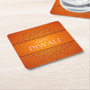 Diwali Elegant Modern Orange Yellow Mandala Square Paper Coaster
