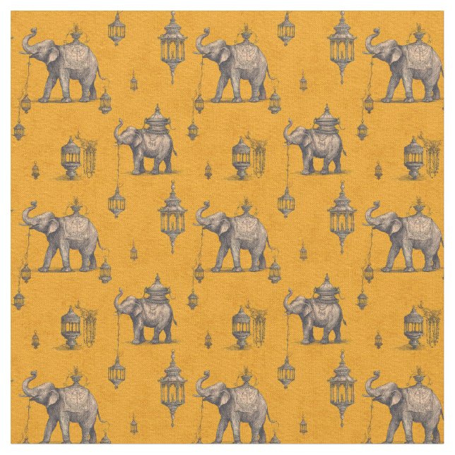 Diwali Elephant in Golden Field Toile de Jouy  Fabric (Close Up)