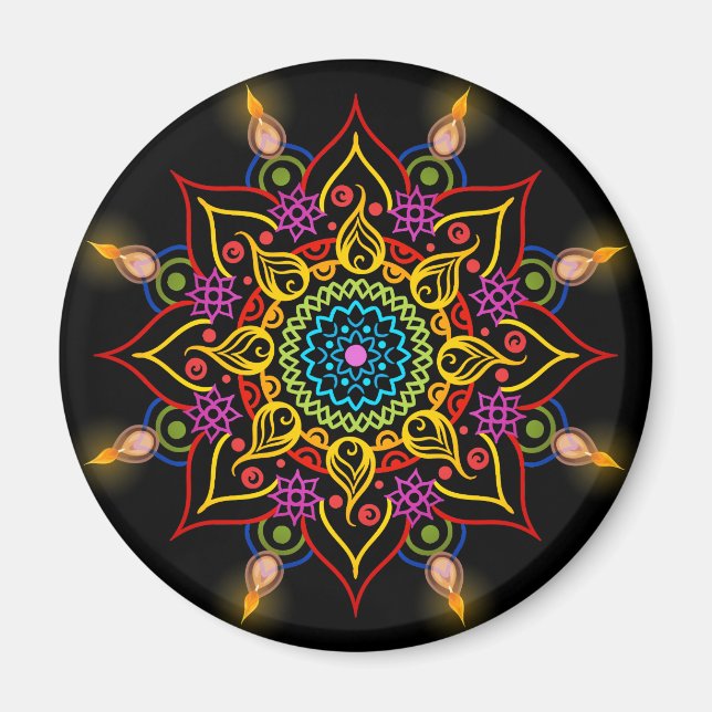 Diwali flower Rangoli with oil lamps Magnet (Front)
