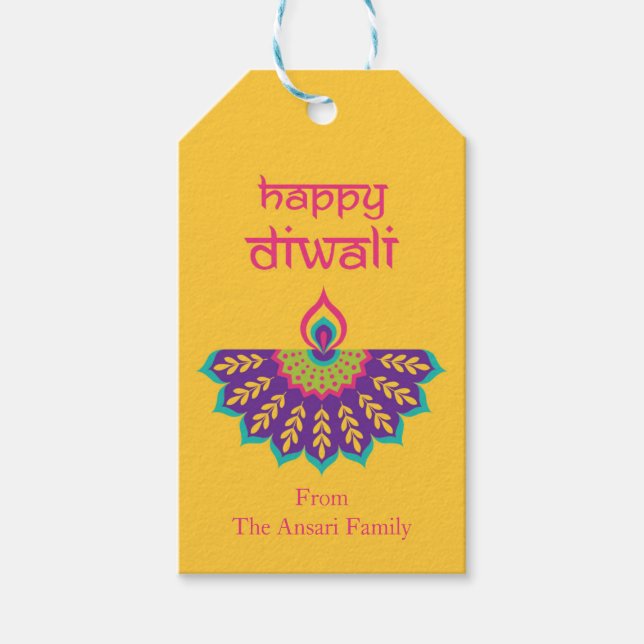 Diwali Gift Tag with Diya Illustration in Yellow (Front)