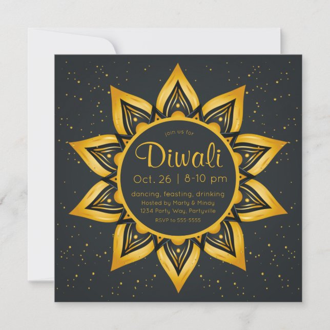 Diwali Gold and Black Diya Flames Invitation (Front)