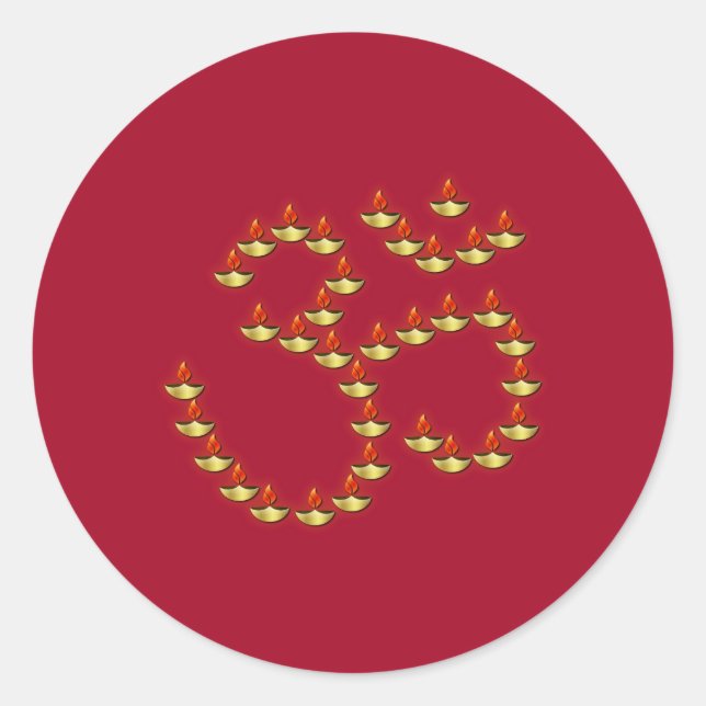 Diwali Gold Deepa in Om Symbol Bright Burgundy Classic Round Sticker (Front)