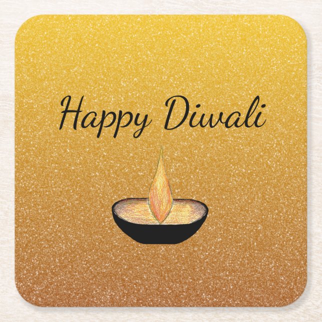 Diwali Gold Glitter Diya Flame Square Paper Coaster (Front)