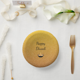 Diwali Gold Glitter Glam Diya Lamp Flame Paper Plate