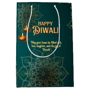 Diwali Green Gold Lamps Mandala Personalised Medium Gift Bag