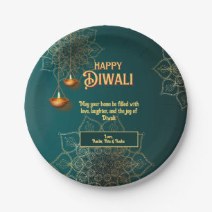 Diwali Green Gold Lamps Mandala Personalised Paper Plate