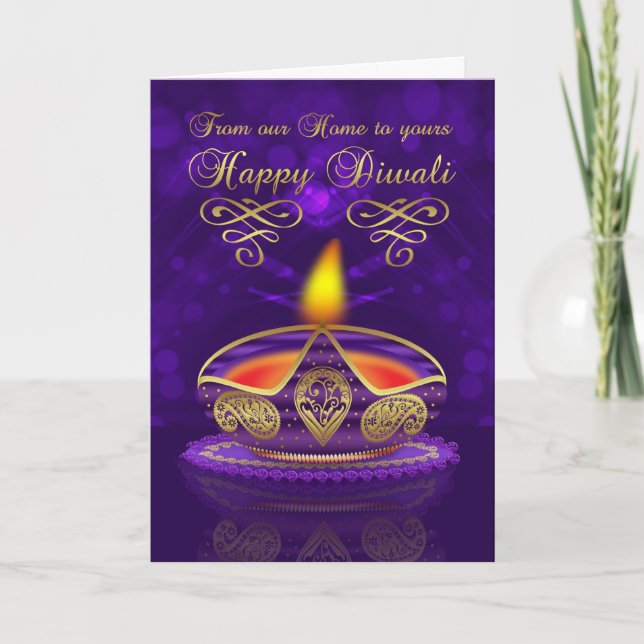 Diwali Greeting Card In Gold And Purple With Lamp (Front)
