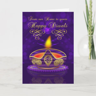 Diwali Greeting Card In Gold And Purple With Lamp