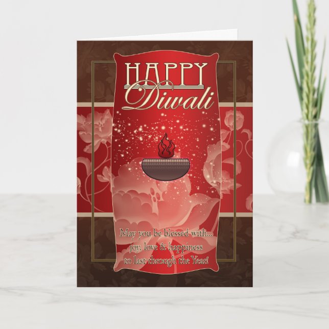 Diwali Greeting Card With Lamp And Flowers Red And (Front)