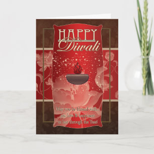 Diwali Greeting Card With Lamp And Flowers Red And