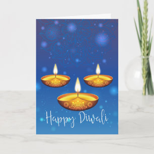 Diwali Greeting With Lamps, Blue Background Bokeh Card