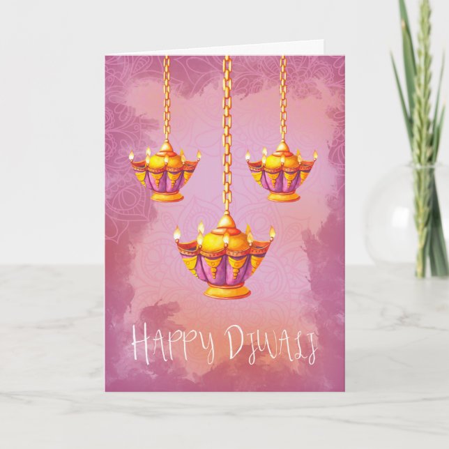 Diwali Greeting With Watercolor Lights Card (Front)