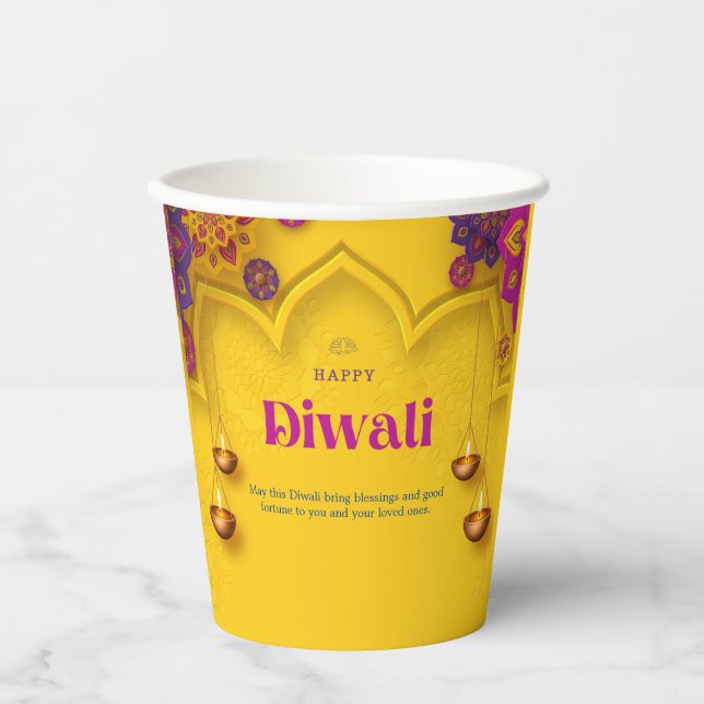 Diwali Greeting Yellow Purple Floral Personalised Paper Cups (Front)
