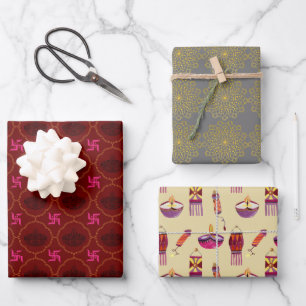 Diwali, indian motif gift wrapping 3 sheets set.